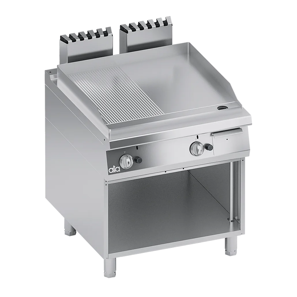 K4GFRS10VV.webp جريل غاز 90 سم نص سادة ونص مشرشر على قاعدة سفلية مفتوحة (Gas Griddle – Smooth Plate) من ATA